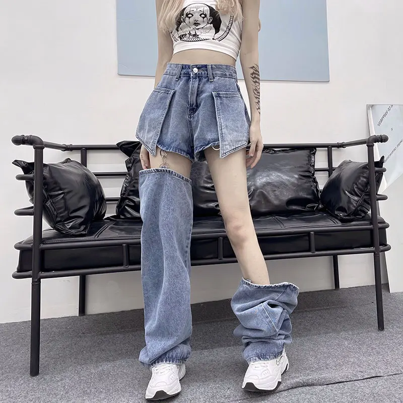

Модные женские джинсовые шорты, с Harajuku Y2K уличные полый личности Съемная прямые брюки джинсы женские брюки с широкими штанинами