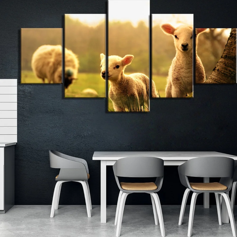 Картины на холсте 5 шт. HD печать большой закат флок овечка животные украшение для