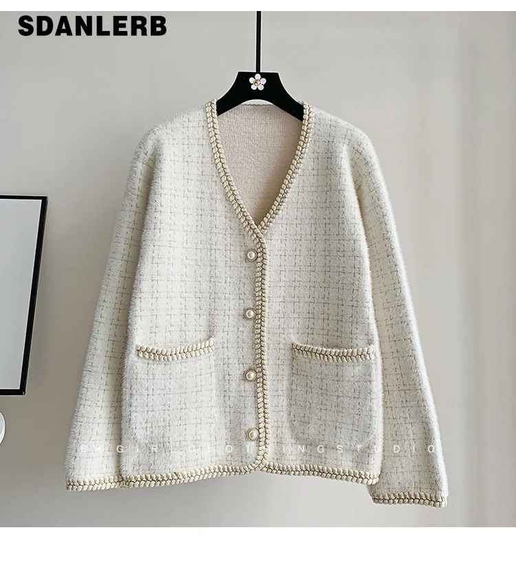 

Новинка Осень-зима 2021, белый свитер с V-образным вырезом, Женский Теплый однотонный кардиган в полоску с длинным рукавом, Осень-зима