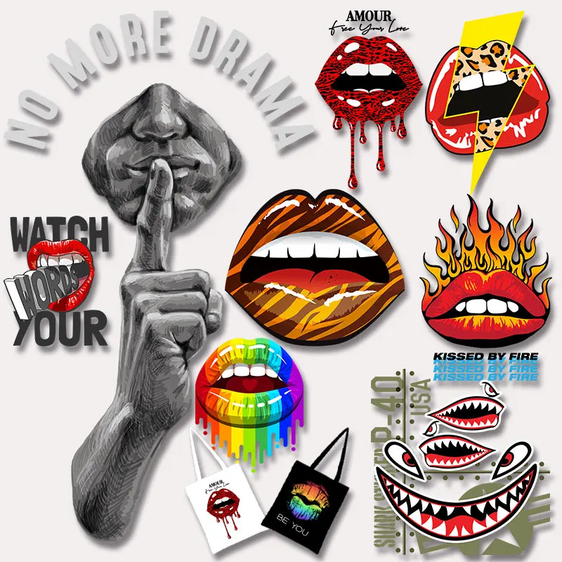 

Colorful Sexy Flame Lips Letter Sticker Heat Transfer PVC Patch On T-Shirt Clothing Printing fusible patch Washable Appliques