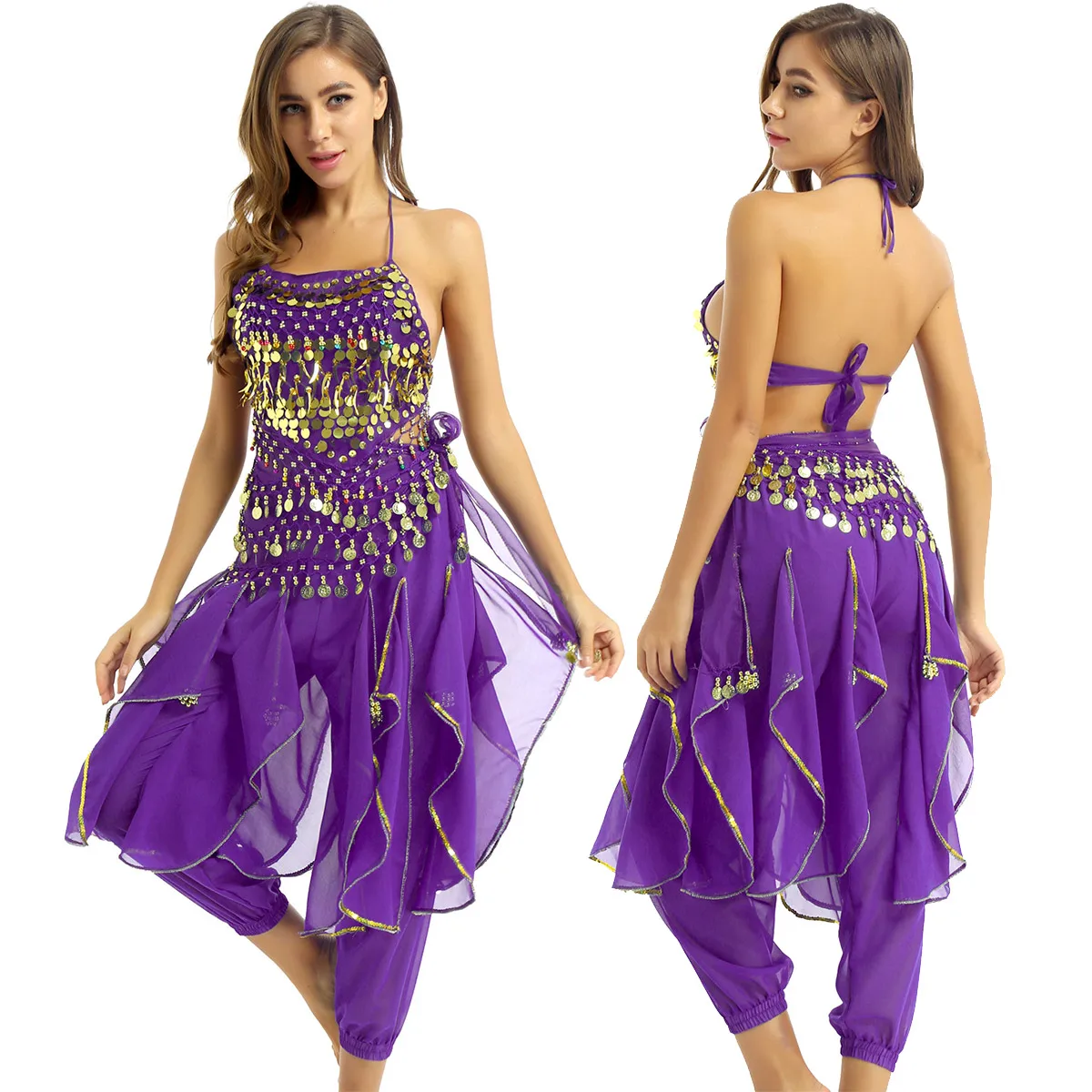 Women India Belly Dance Costume Outfit Indian Performance Clothes Halter Neck Top With Harem Pants And Hip Scarf Dancewear | Тематическая