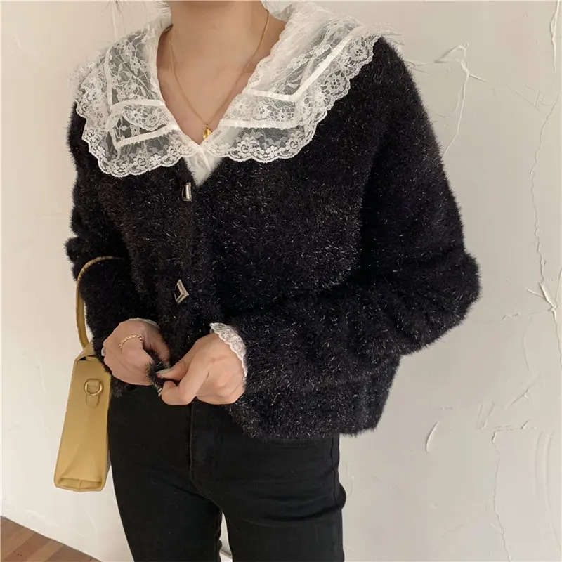 Вязаный кардиган Alien Kitty 2020 черный теплый со звездами блестящий свежий милый