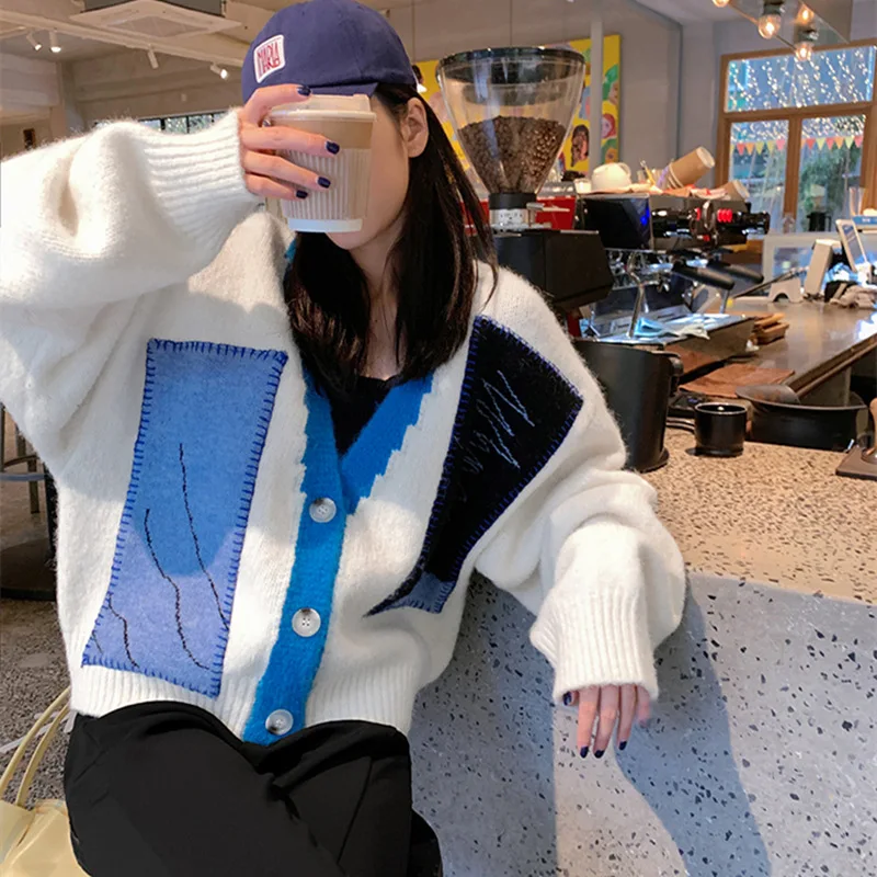 

Толстый кардиган на пуговицах с V-образным вырезом, новинка 2021, осенне-зимние женские свитера, контрастная Женская трикотажная одежда оверсайз с длинным рукавом