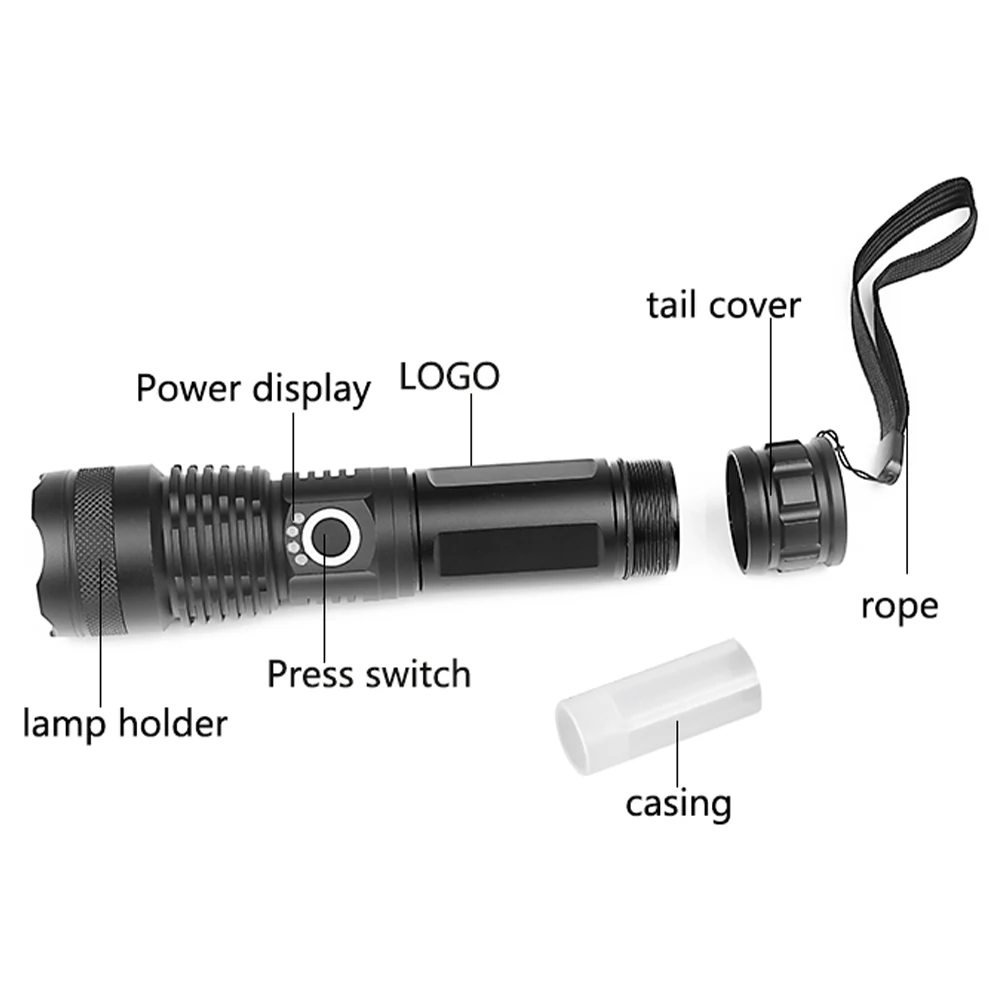 

XHP50 Glare Flashlight Retractable USB Charging Telescopic Zoom Power Display Aluminum Alloy Flashlight For Camping Outdoor