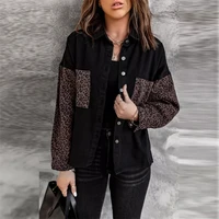 new style hot sale high quality ladies denim autumn and winter leopard pattern stitching pocket casual jacket women