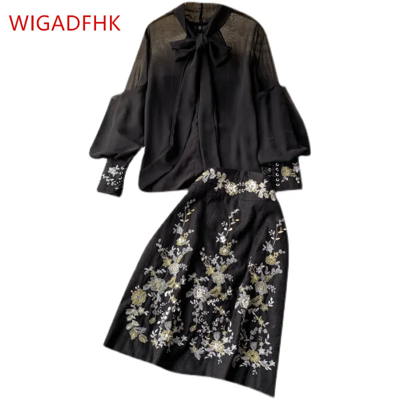 

Elegant Women's Fashion Suit, Women's Lace-up Bowknot Net Yarn Embroidery Shirt, High Waist Skirt, Tube Top Three-piece Suit