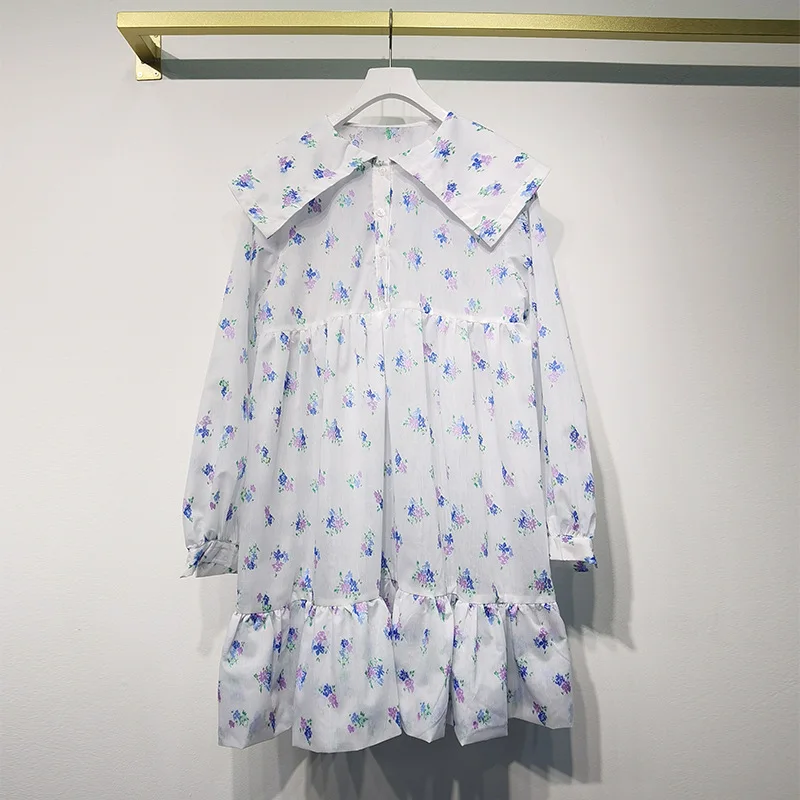 

2021 Early Spring New Sailor Collar Special Fabric Gold Thread Loose All-Match Dress for Women Floral Ruffles Spliced Fashion