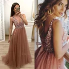 Женское вечернее платье, ТРАПЕЦИЕВИДНОЕ Плиссированное Тюлевое платье до пола, с V-образным вырезом, с открытой спиной, на шнуровке, 2021, расшитые блестками и бисером