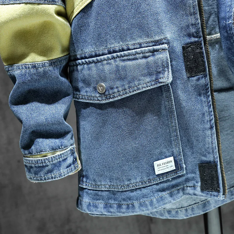 Куртка мужская джинсовая в стиле хип-хоп пэчворк винтажная вареная с капюшоном