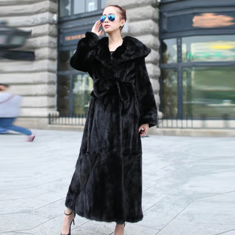 BFFUR 120cm Long Black Mink Fur Coats With Hood Fashion Winter 2022 New Women Genuine Mink Fur Coat Full Pelt Fur Overcoats