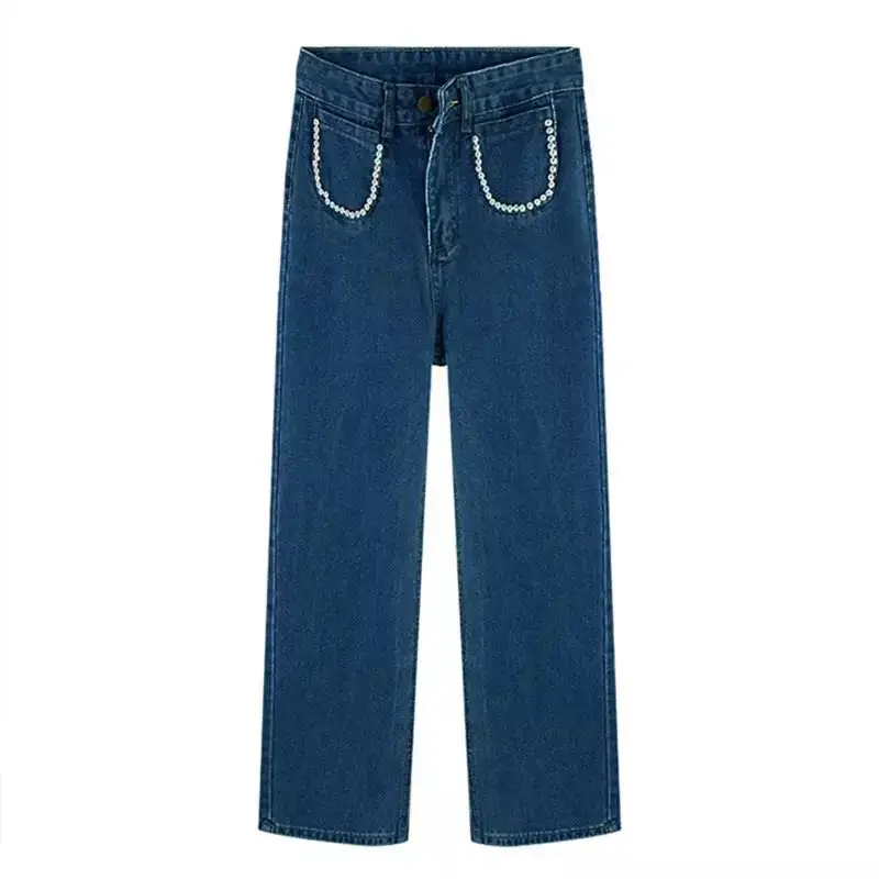 

Vintage High Waist Straight Jeans Women Loose Wide Leg Pocket Denim Pants Summer Boyfriend Mom Beading Jean Korean Streetwear 34