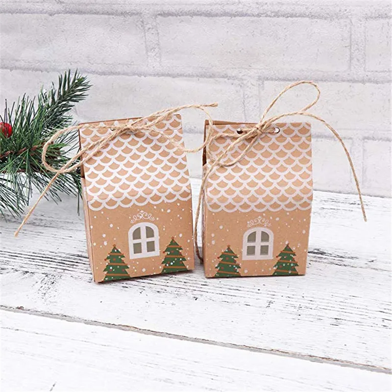 

50 шт. рождественские подарочные пакеты для конфет в форме домика с веревками, сумки для печенья в форме рождественской елки, декор для детск...
