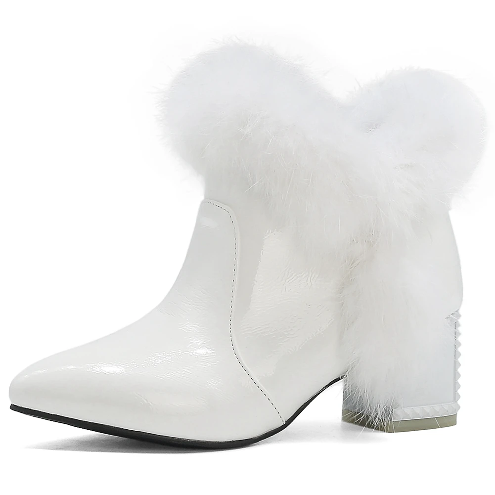

JOUIR TALONS Big Size 43 women shoes Fur Pointed Toe Slip-On Short Plush Square Thick Heels Elegant Ankle Boots