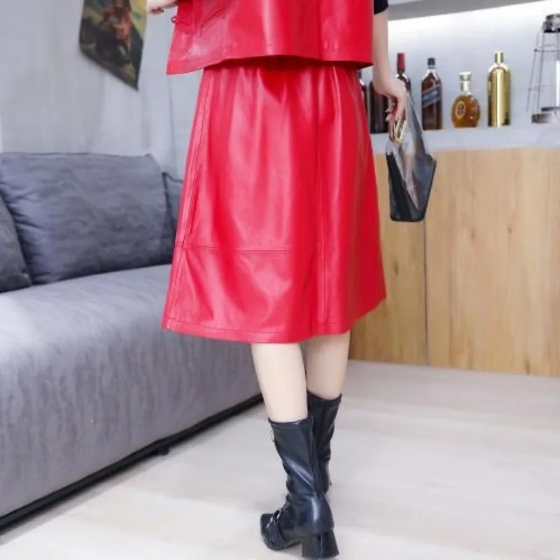 Chinese Style A-Line Skirts Women Streetwear Red Sheepskin Knee Length Skirts Designer High Waist Casual Mid Skirts Pockets