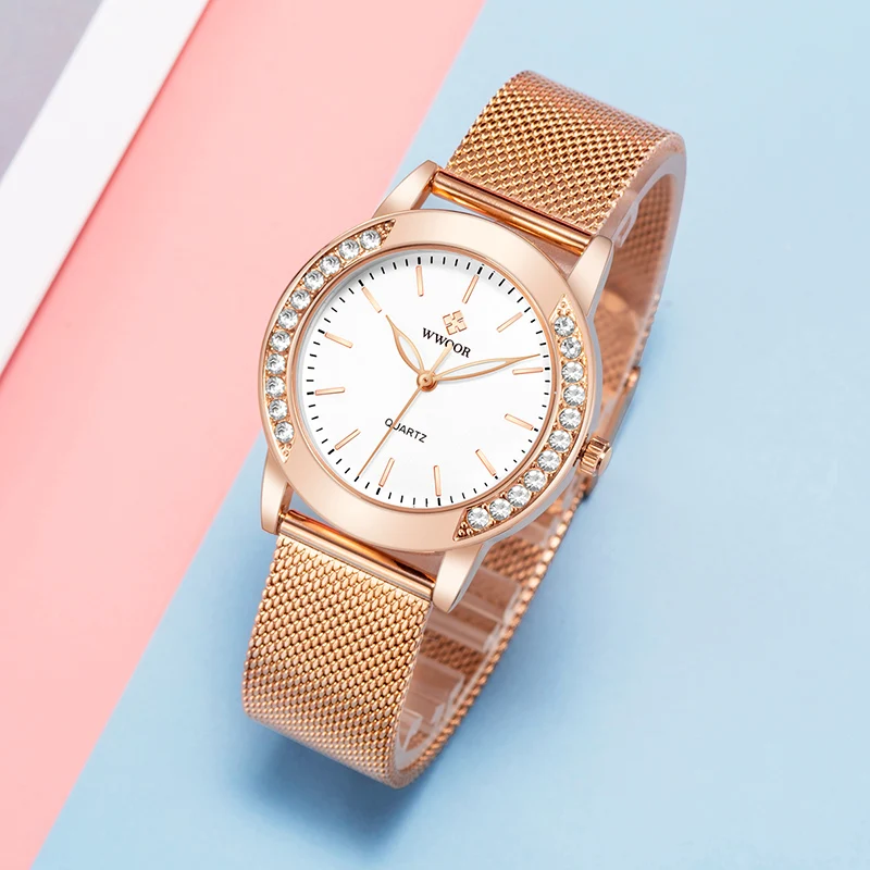 WWOOR 2022 New Luxury Rose Gold Women Watches Fashion Diamond Ladies Dress Watch Female Casual Mesh Steel Wristwatch Reloj Mujer