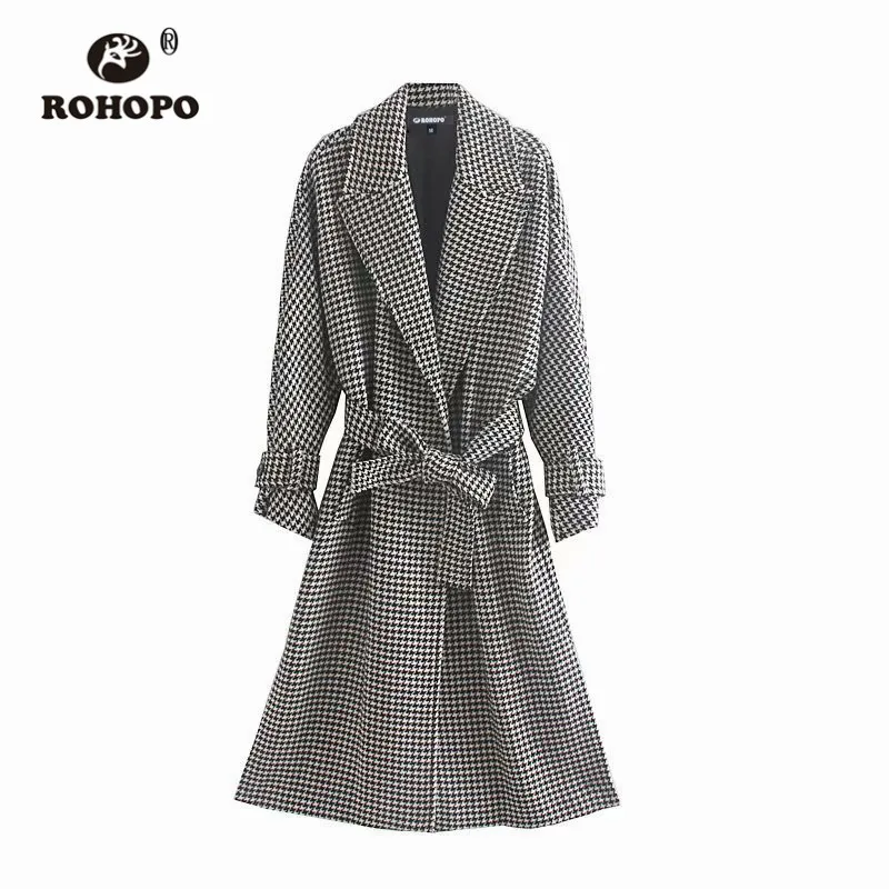 ROHOPO Houndstooth пояс Зубчатый воротник миди серый смесь Пальто Кнопки для пряжки Culf передний рант карманы осенние клетчатые Капа#9293