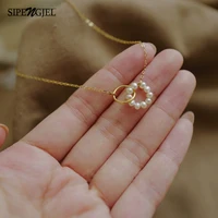 sipengjel fashion geometric pearl pendant necklace double 2 round short chain neckalce for women jewelry 2021