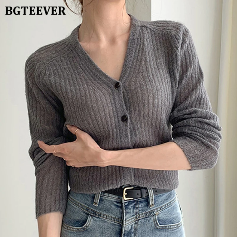 

BGTEEVER Fashion Chic V-neck Ladies Solid Kniitting Tops 2021 Autumn Full Sleeve Single-breasted Casual Female Sweater Cardigans