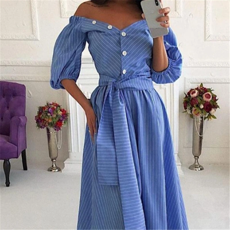 

Women Blue Striped Sash Tie Up Ladies Off Shoulder Loose Knee-Length Dress 2019 Summer Fashion Beach Dress Elegant Women Clothes