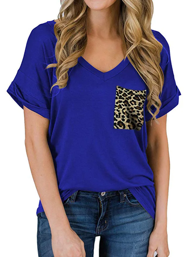 

Women's 2021 Spring/Summer New V-neck Pocket T-shirt Short Sleeve Loose Top