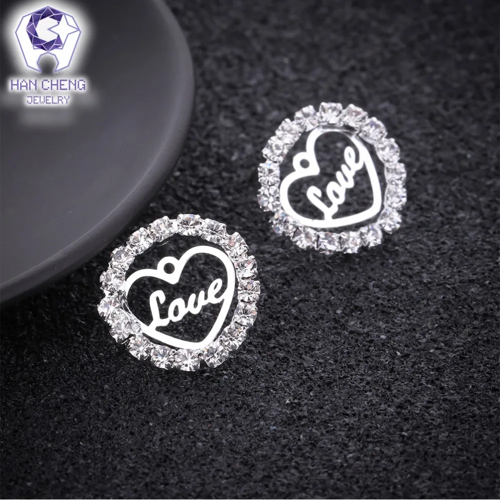 HanCheng New Fashion Love Circle Heart Silver Plated Nail Gem Stone Rhinestone Stud Earrings For Women Jewelry brincos bijoux | Украшения и