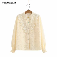 lace patchwork women blouse 2021 spring office lady plus size o neck long sleeve shirt different buttons chemise femme