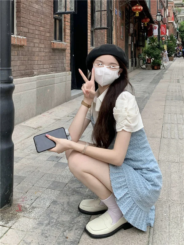 Корейское платье с лацканами светло-голубое поясом и | Женская одежда