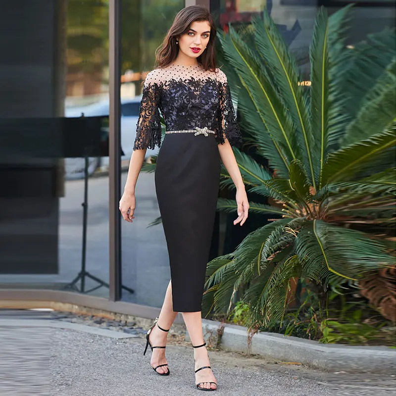 

Tanpell Elegant Cocktail Dress Scoop Neck Half Sleeves Button Beading Lace Woman Party Gown Tea-Length Sheath Cocktail Dress