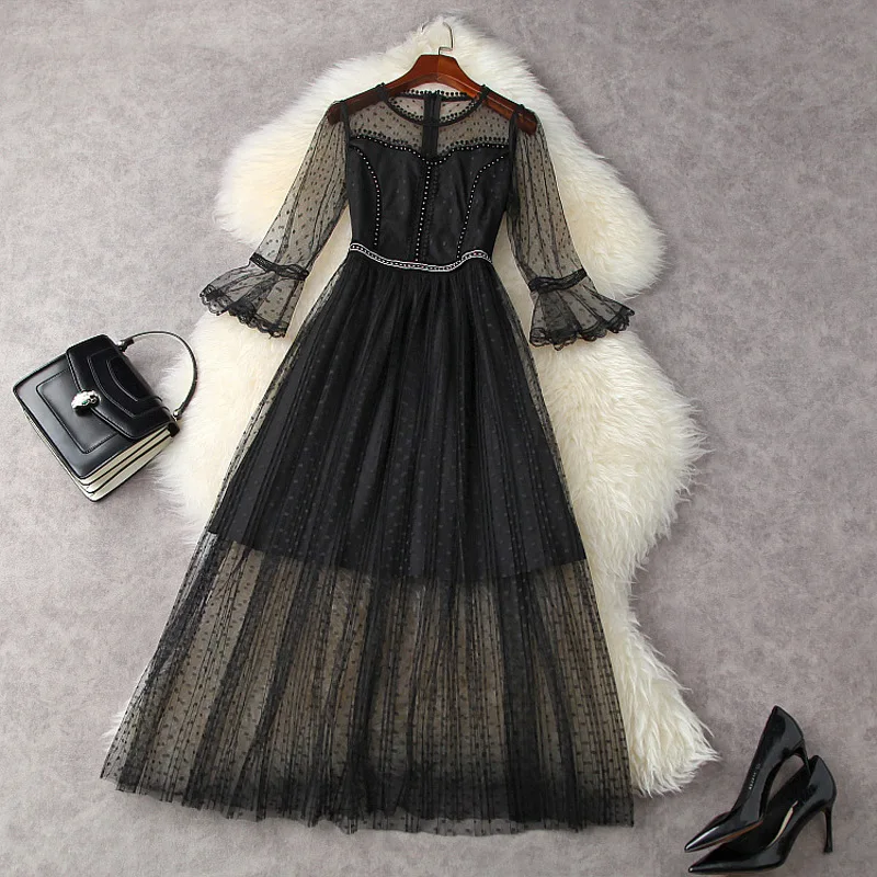 

Women gothic black mesh dress summer 2021 runway fashion high quality flare sleeve beading long dresses femme lace sexy vestidos