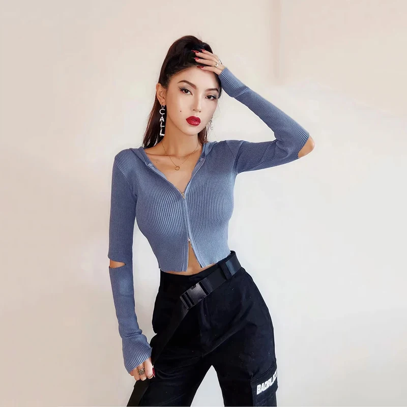 

OLOMM European And American Ins Retro Fashion Top And Bottom Zipper Hooded Sweater High Waist Slim Elbow Opening Long Sleeve