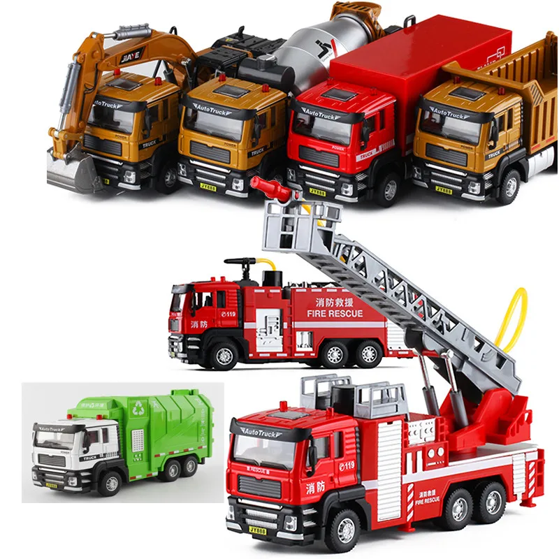 

High-quality 1:50 alloy pull back engineering truck fire truck model,sanitation garbage truck sprinkler toy,sound and light