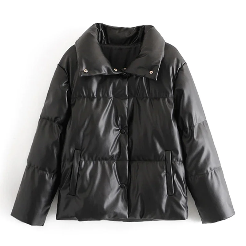 

Women Fashion PU Leather High Street Solid Faxu Leather Coats Elegant Winter Thick Cotton Jackets Loose Outerwear