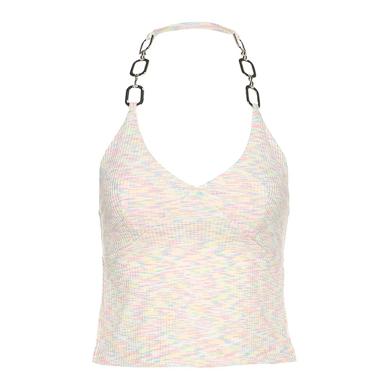 

XIYUU Sexy Chain Halter Rhombus Crop Tops for Women Backless Cropped Feminino Tops