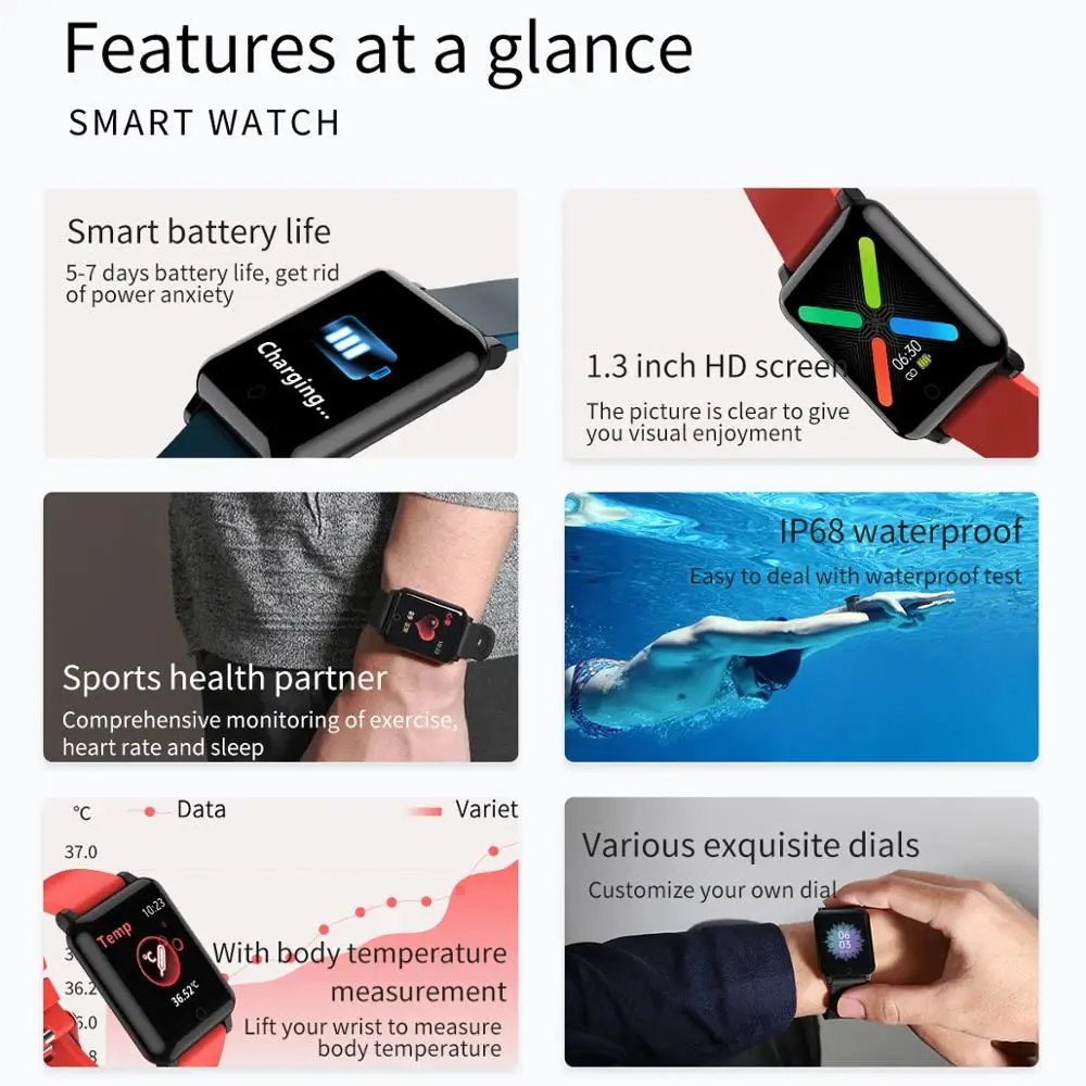 

F54 Smartwatches for Body Temperature Measurement Heart Rate Blood Pressure Oxygen ECG Fitness bracelet Smart Clock Sports Watch