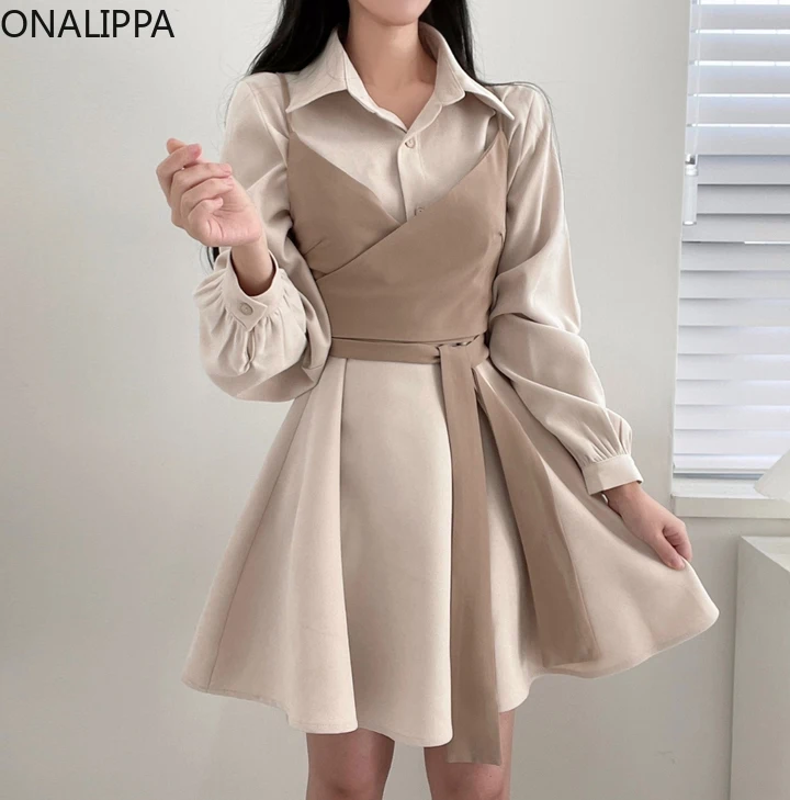 

Onalippa Women Dress Suit Spring Autumn Temperament Cross V Neck Lace Up Waist Strap Vest Polo Collar Puff Sleeve Short Dresses