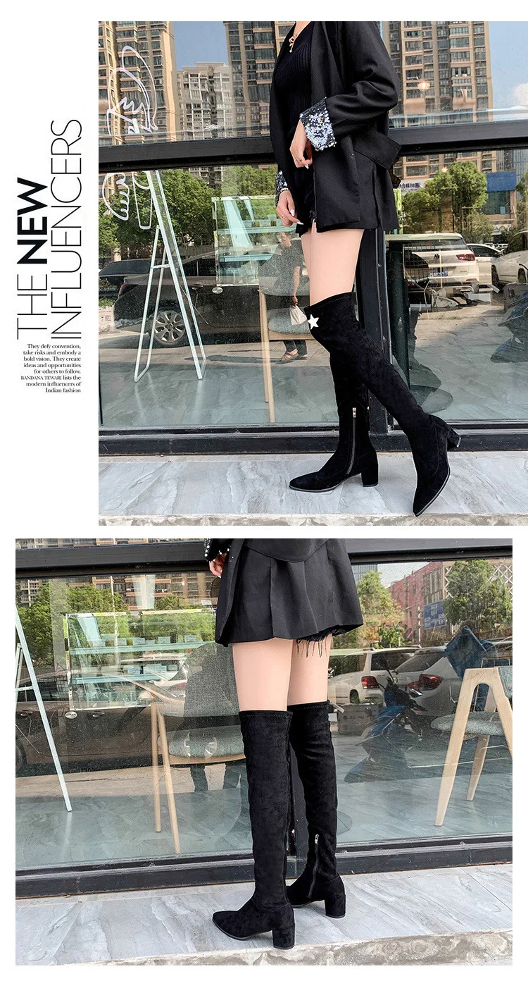 Черные Сапоги выше колена для верховой езды; трендовые Ботинки Челси с острым носком на не сужающемся книзу массивном каблуке с боковой молнией; зимняя теплая женская обувь