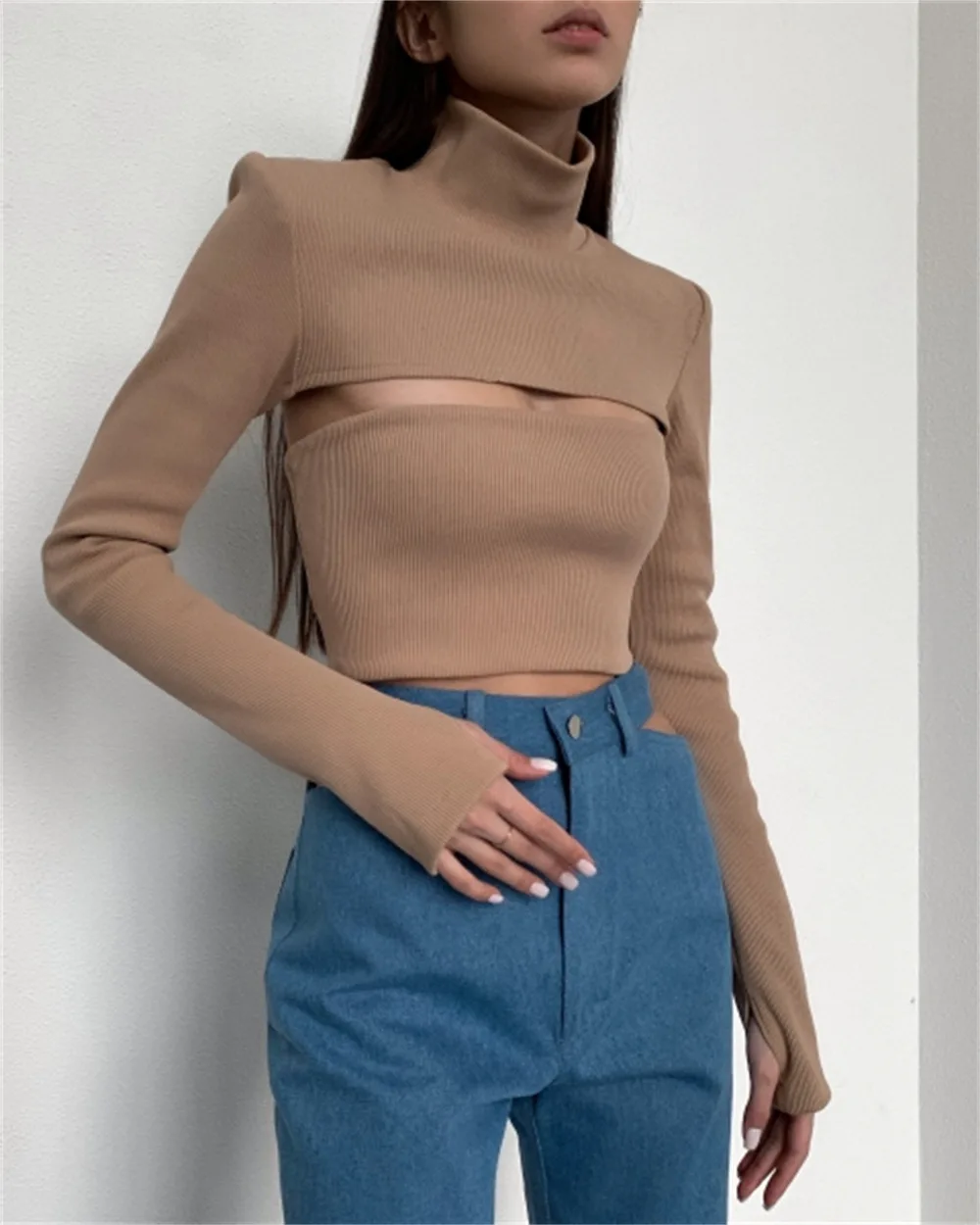 

Knitted Turtleneck Top Women Hollow Out Casual Long Sleeve T Shirt Skinny Autumn Winter Slim Tee Lady Clothing Tops