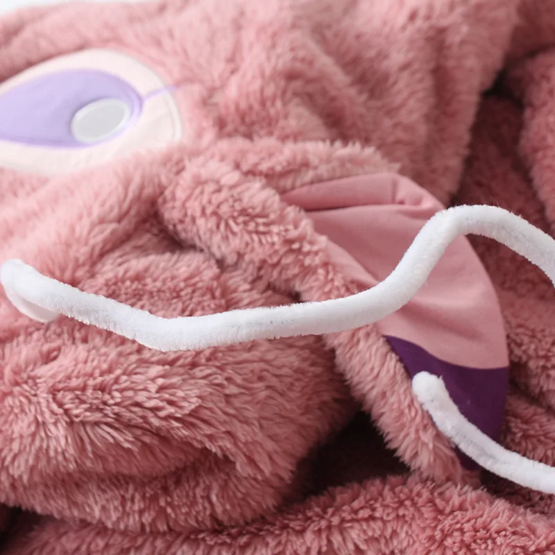 Animal Stitch Kigurumi Flannel Robes Long Sleeves Sleepwear Blue Cartoon Hooded Bathrobe Women Men Flannel Sleepwear Pajamas