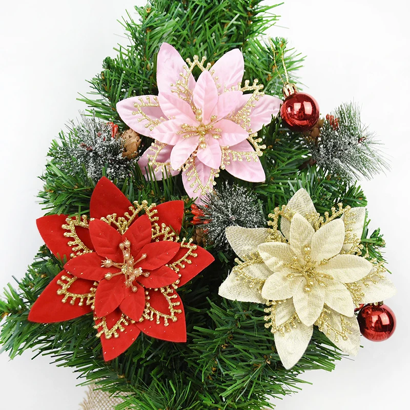 

5pcs 14cm Christmas Glitter Artificial Flower Christmas Tree Ornament Flower for Home Party 2021 New Year Navidad Decpration