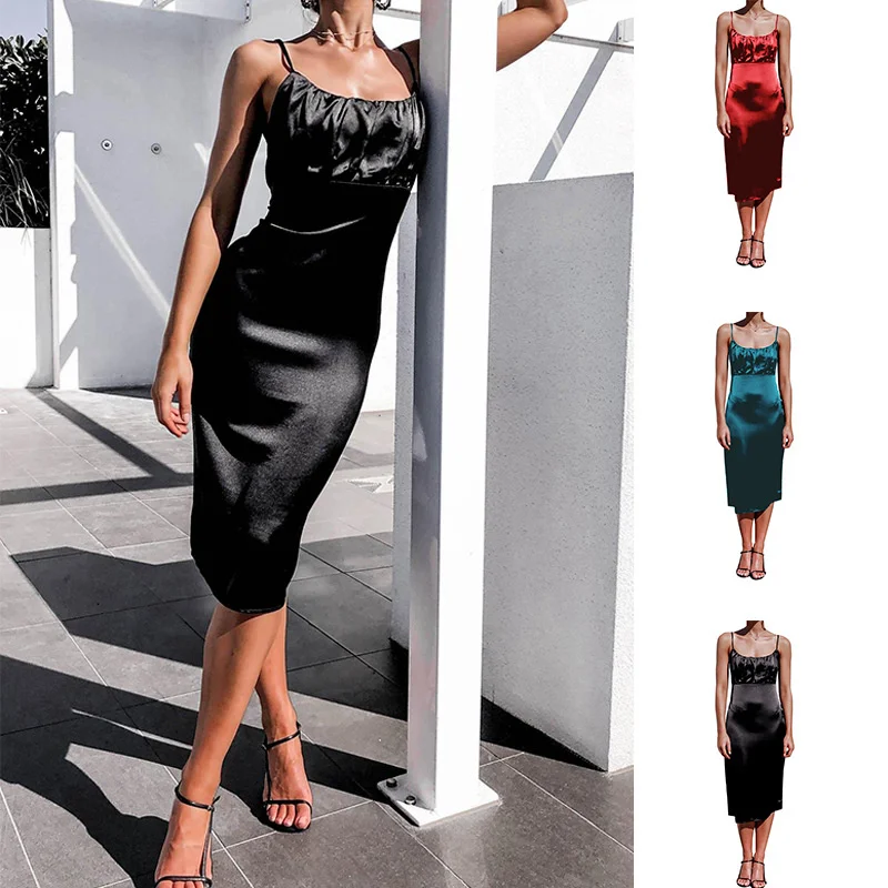 

summer maxi black dress women 2021 temperament new sexy pleated open back satin suspender vestidos ladies dresses