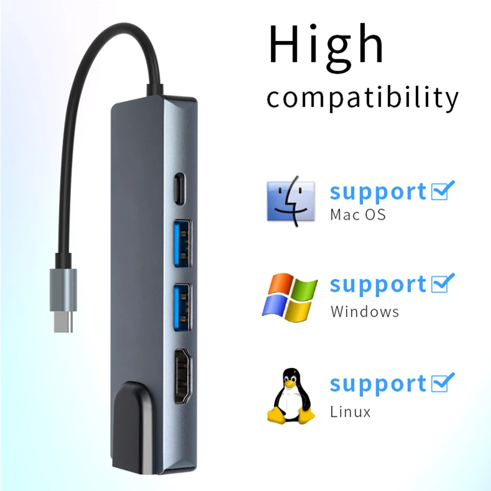 

5 in 1 USB HUB Type-C HUB for MacBook Pro HDTV USB 3.0 Splitter PD Charging RJ45 Adapter for Laptop Tablet Phone Computer
