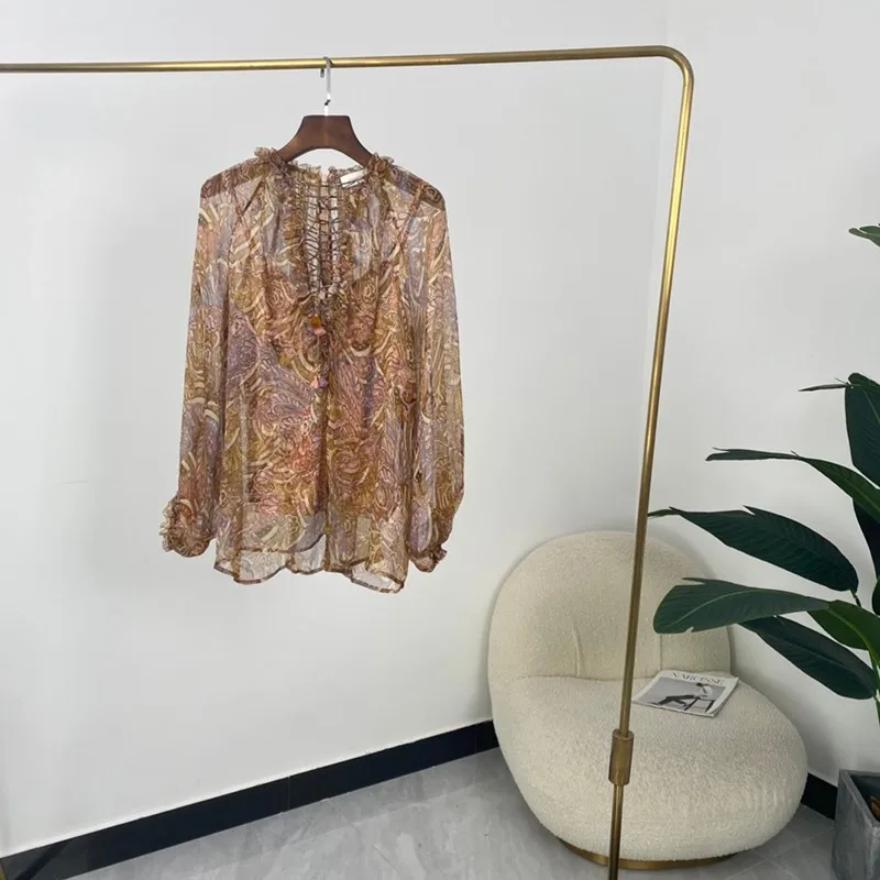 

Summer Women Fashion Botanical Print Half Open Collar Long Sleeves Blouses High Quality Silk