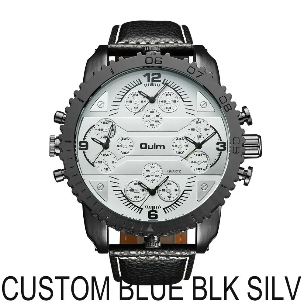 CUSTOM BLUE BLK SILV OULM спортивные кварцевые часы мужские большой чехол военные мужские s часы лучший бренд класса люкс кожаный ремешок 4 часовых пояса модные повседневные наручные часы - Цвет: CUSTOM BLUE BLK SILV