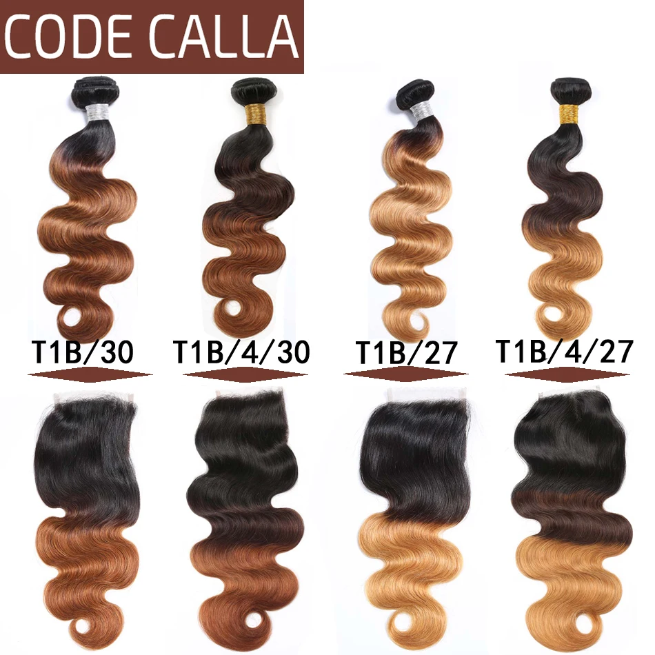 Код Calla Ombre цвет тела волна Связки с 4*4 Кружева Закрытие Необработанные бразильские необработанные девственные человеческие волосы Weft расширение