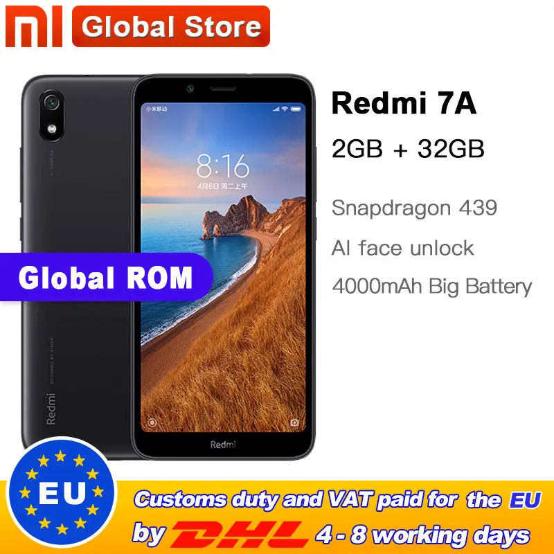 Xiaomi Redmi 7A с глобальной ПЗУ 32 Гб 2 ОЗУ Восьмиядерный мобильный телефон Snapdargon 439 5 45