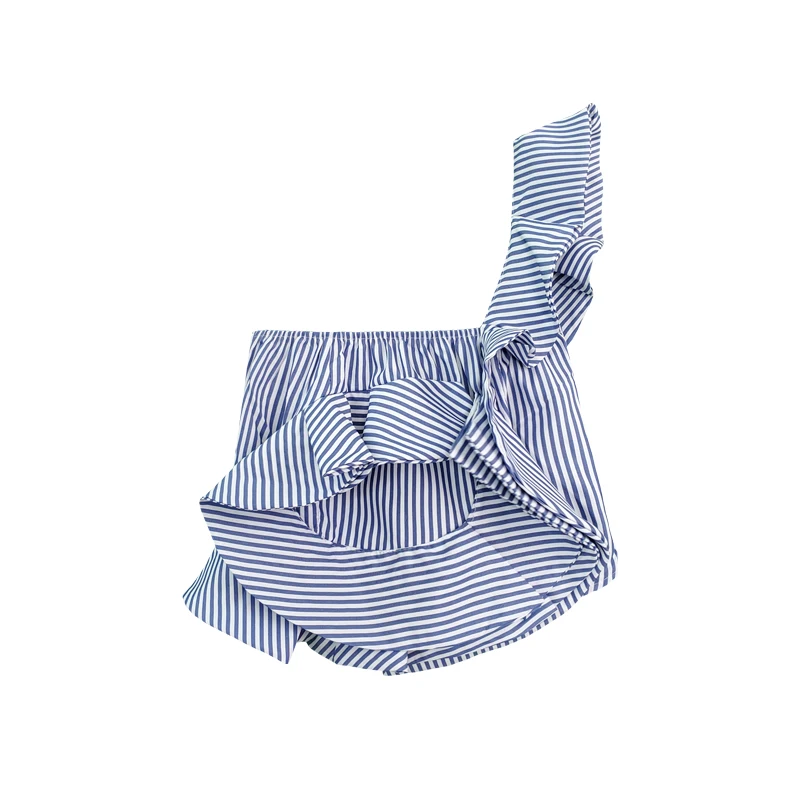 

ZHISILAO Irregular Off Shoulder Blouse Women Vintage Stripe Ruffles Long Sleeve Shirt Mujer Summer 2021 Sexy Short Tops Club