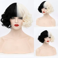 new cruella de vil cosplay wig half white half black synthetic short wavy wigs with bangs for women heat resistant natural hair