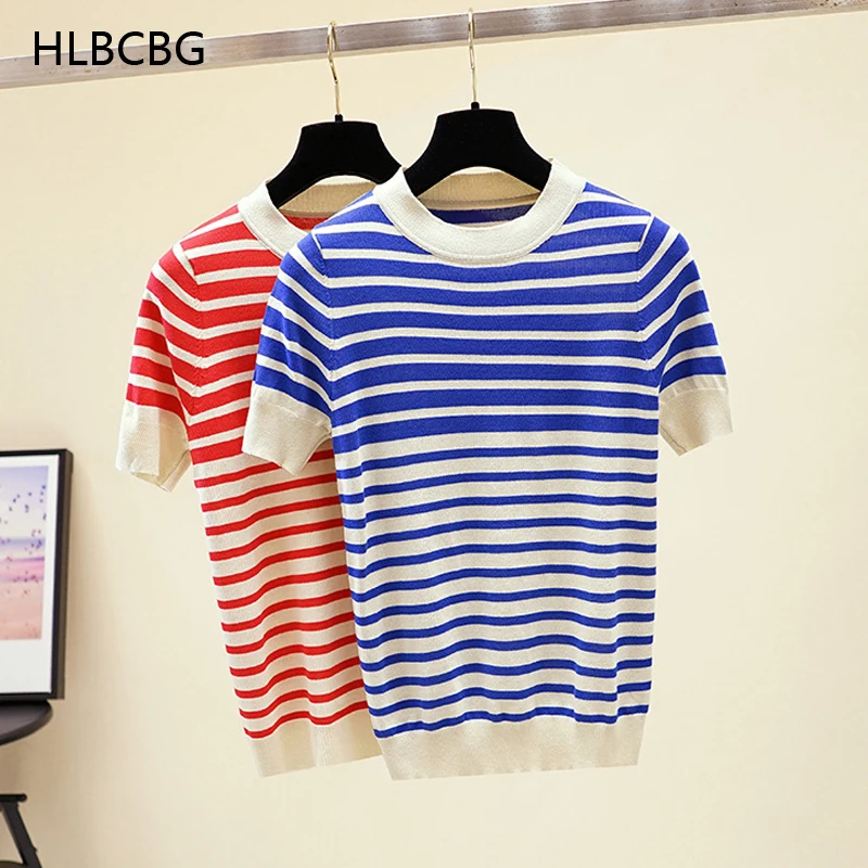 

HLBCBG Thin Knitted T Shirt Stripe Round Neck 2021 Summer Woman Slim Short Sleeve Tees Tops Striped Casual T-Shirt