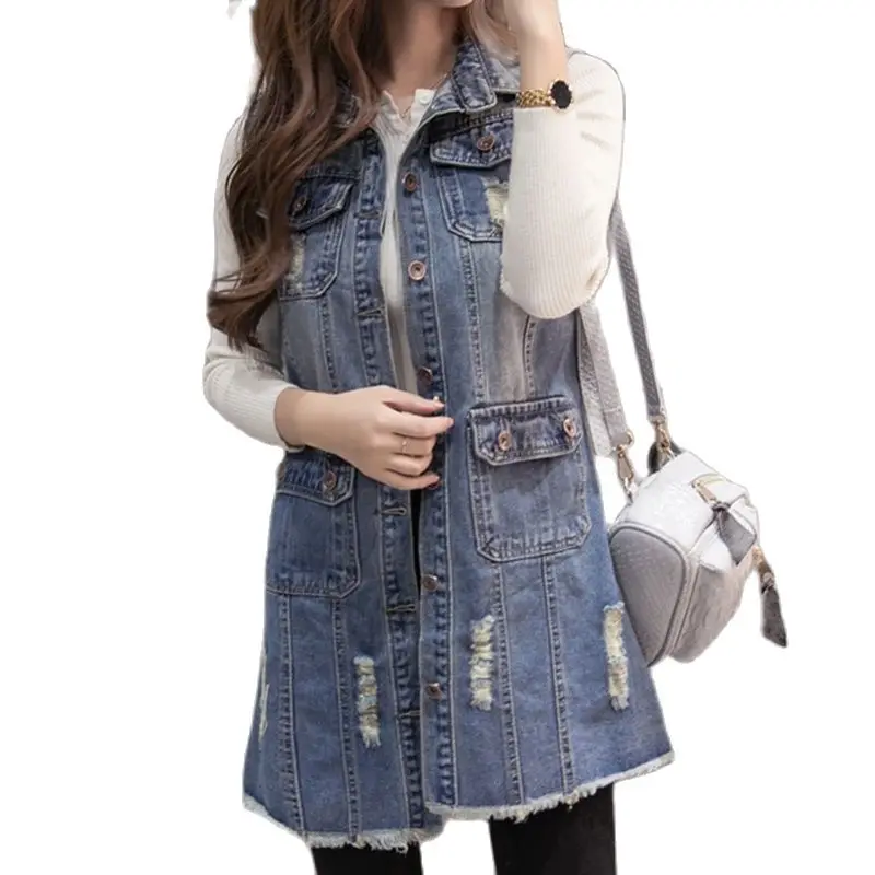 Женский джинсовый жилет с отложным воротником повседневный из денима дырками