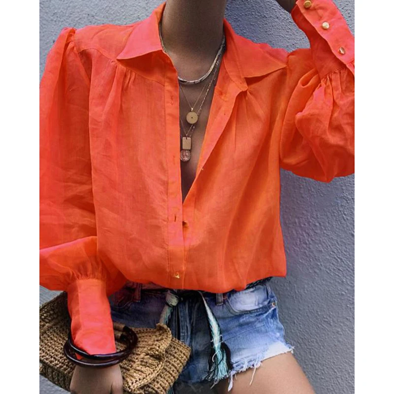 Повседневная свободная кнопка фонарь рукав женские топы элегантные офисные
